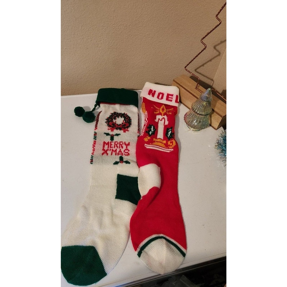 Christmas stocking set vintage Merry Xmas & noel red green white candle antique